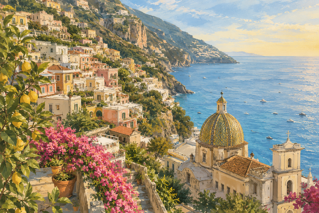 Editorial watercolor view of colorful Amalfi Coast houses, a tiled church dome, lemon trees, bougainvillea, cliffs, and blue sea