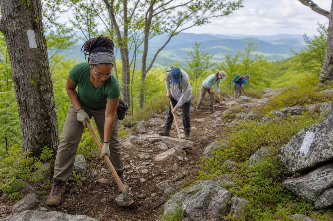 Volunteers maintaining a white-blazed Appalachian Trail footpath through forest