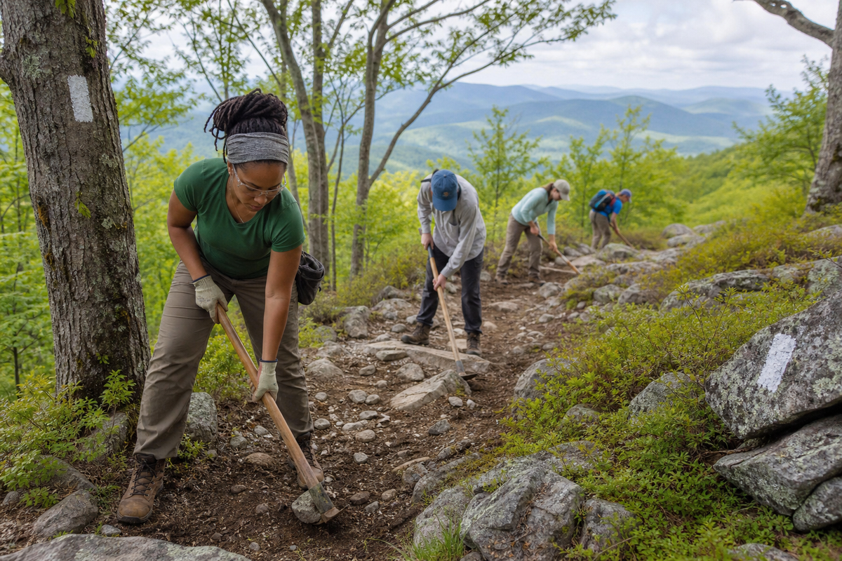 Volunteers maintaining a white-blazed Appalachian Trail footpath through forest