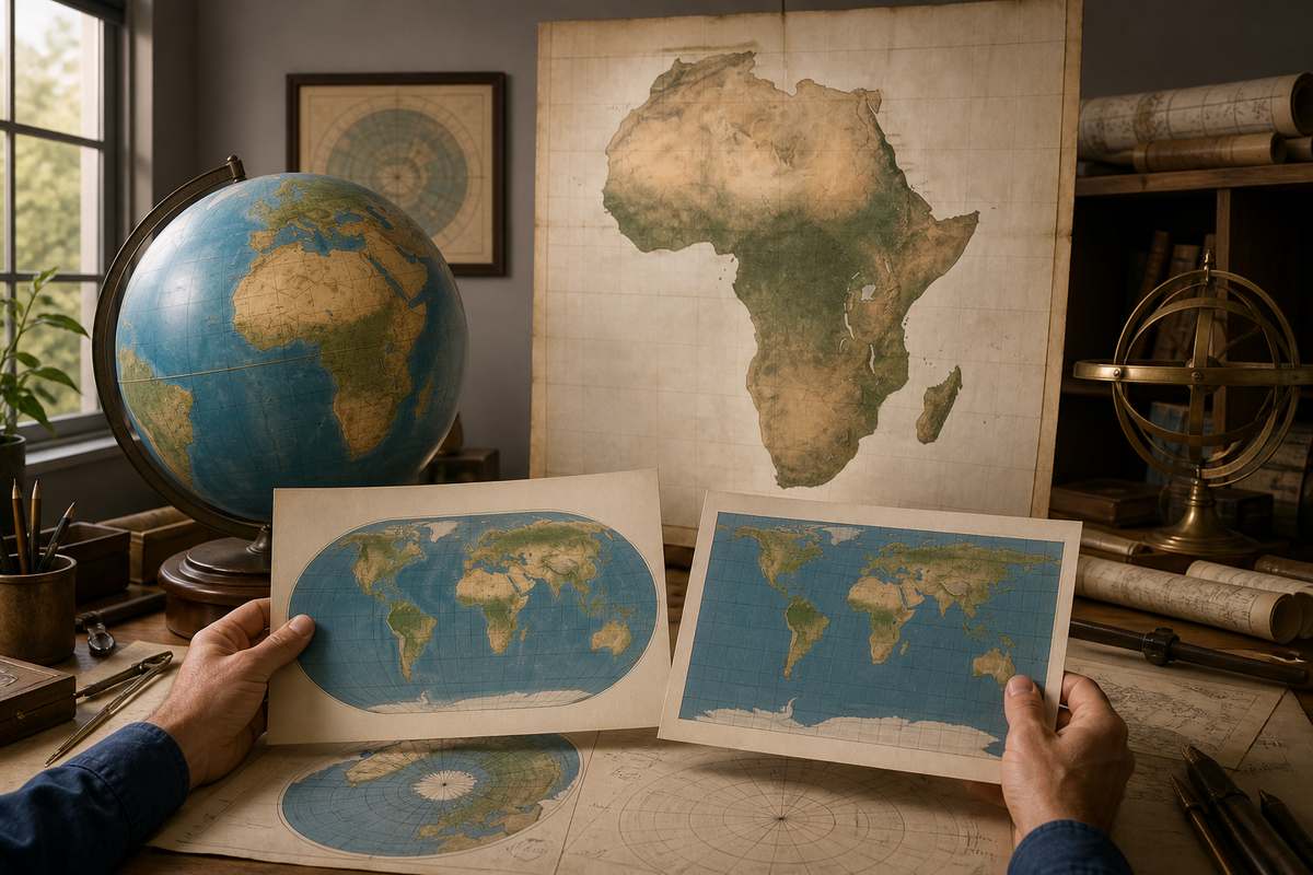 Warm 1930s cartographer’s desk with landscape vignettes of the Andes, pampas, and Patagonia