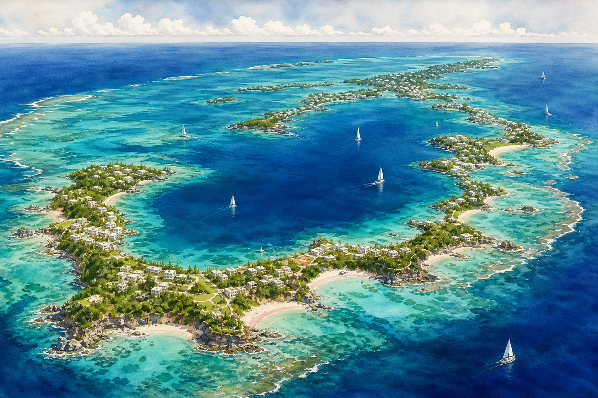 Aerial watercolor view of Bermuda’s islands, turquoise reefs, channels, and coves