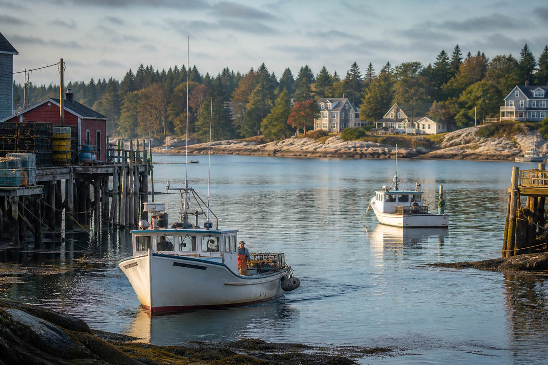 Working Boothbay Harbor at morning with boats, docks, granite, and evergreen shoreline