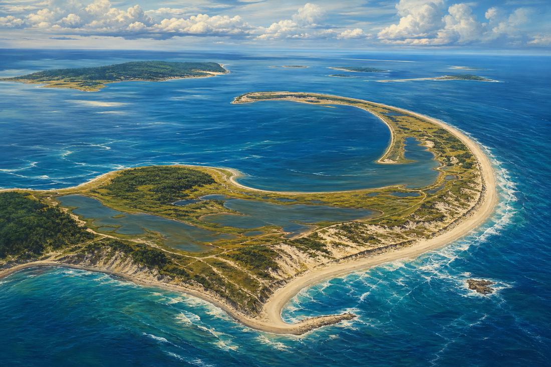 Aerial educational view of Cape Cod’s sandy hook, dunes, marshes, and surf