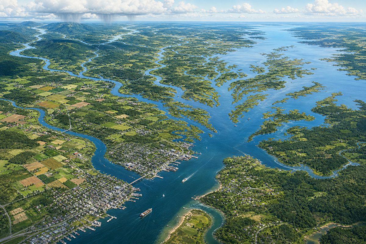Aerial educational view connecting Chesapeake rivers, wetlands, farms, towns, and tidal channels