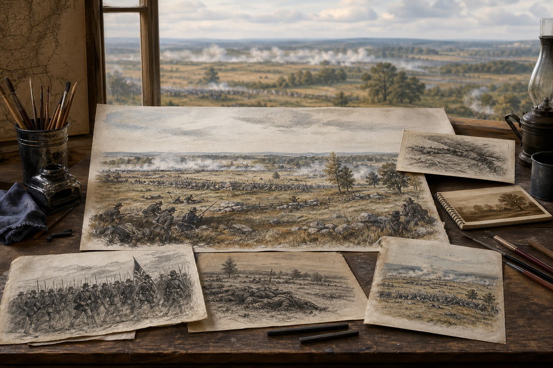 Civil War officers and staff studying field maps in a lamplit 1863 command tent