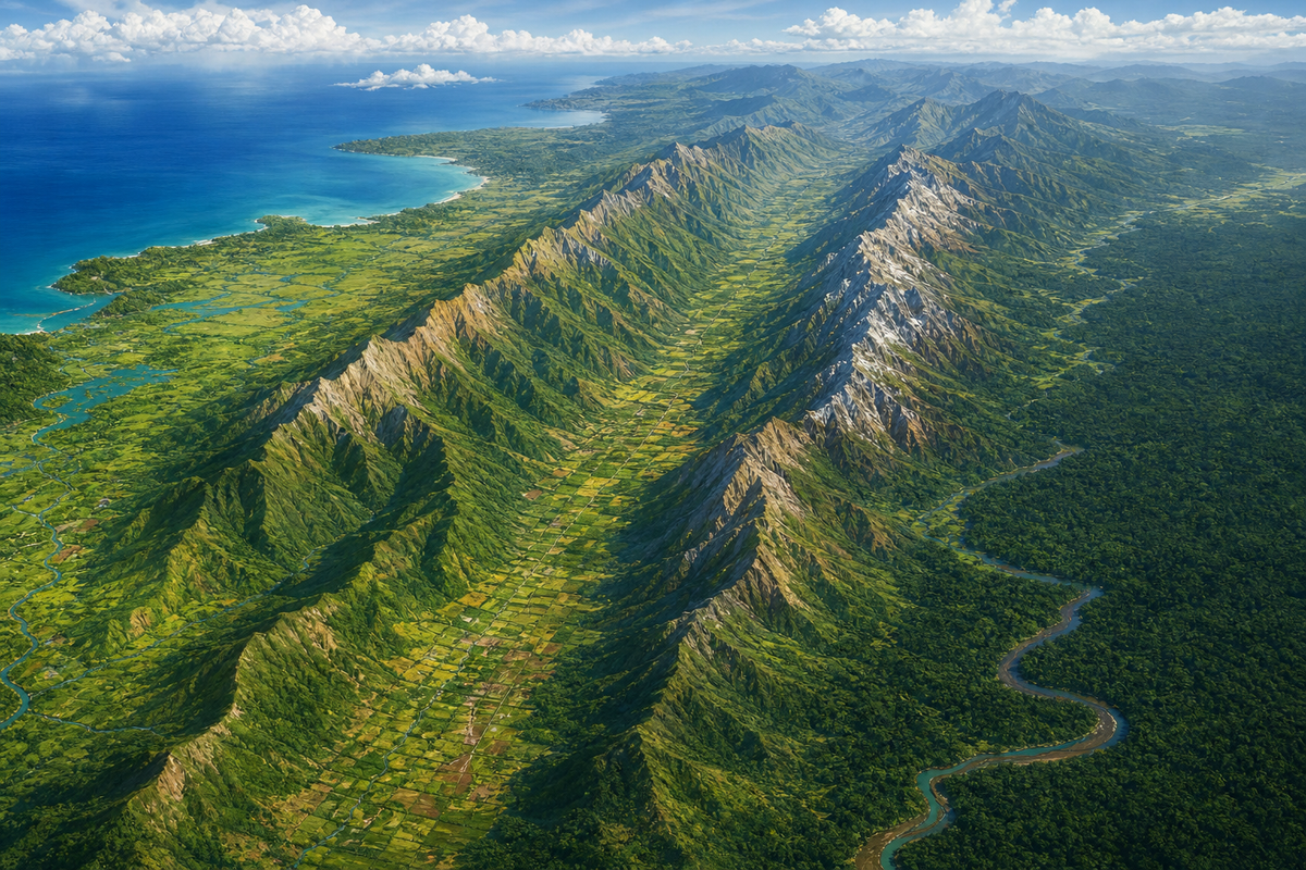 Oblique educational landscape showing Colombia’s Andean cordilleras, valleys, coasts, plains, and rainforest
