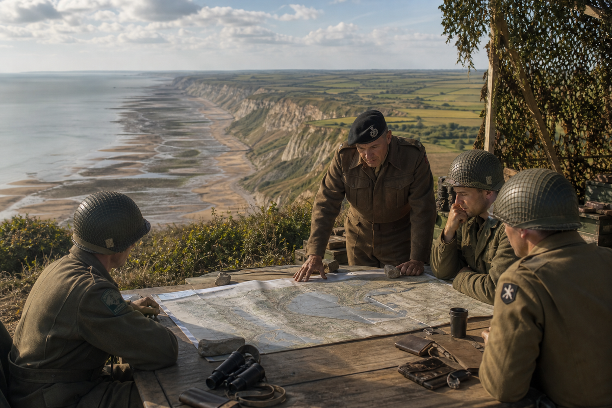 Respectful 1944 Normandy planning scene linking maps with beaches, cliffs, tidal flats, and hedgerows
