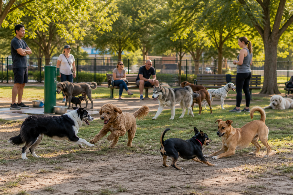 Dogs displaying relaxed, reciprocal play while attentive owners watch in a leafy community dog park
