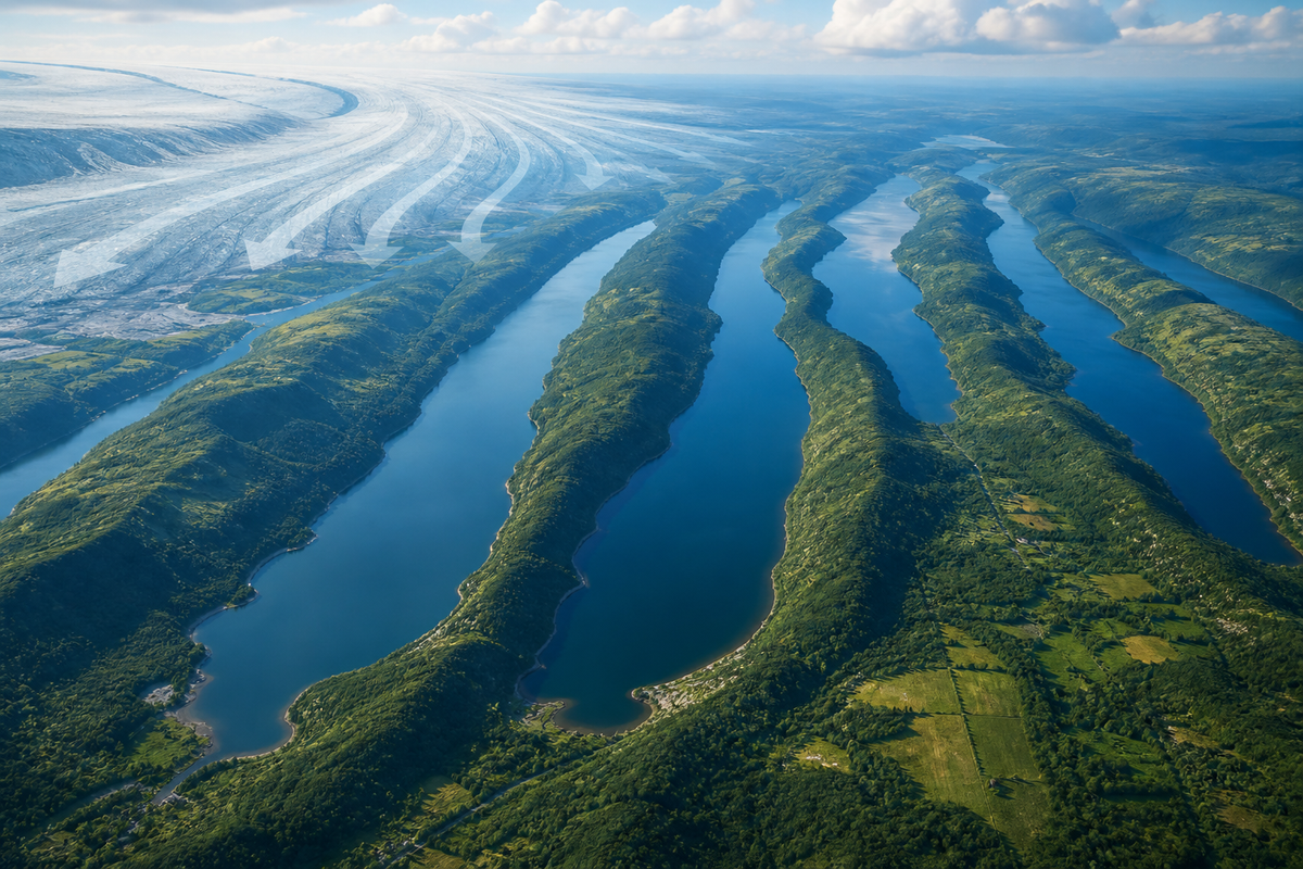 Aerial educational illustration of long blue Finger Lakes between green ridges