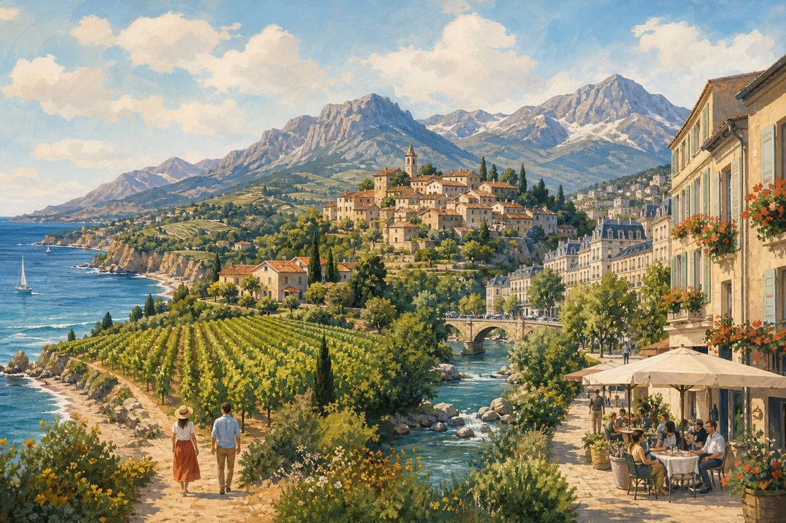 Original gouache journey through French coasts, vineyards, villages, mountains, rivers, and cities