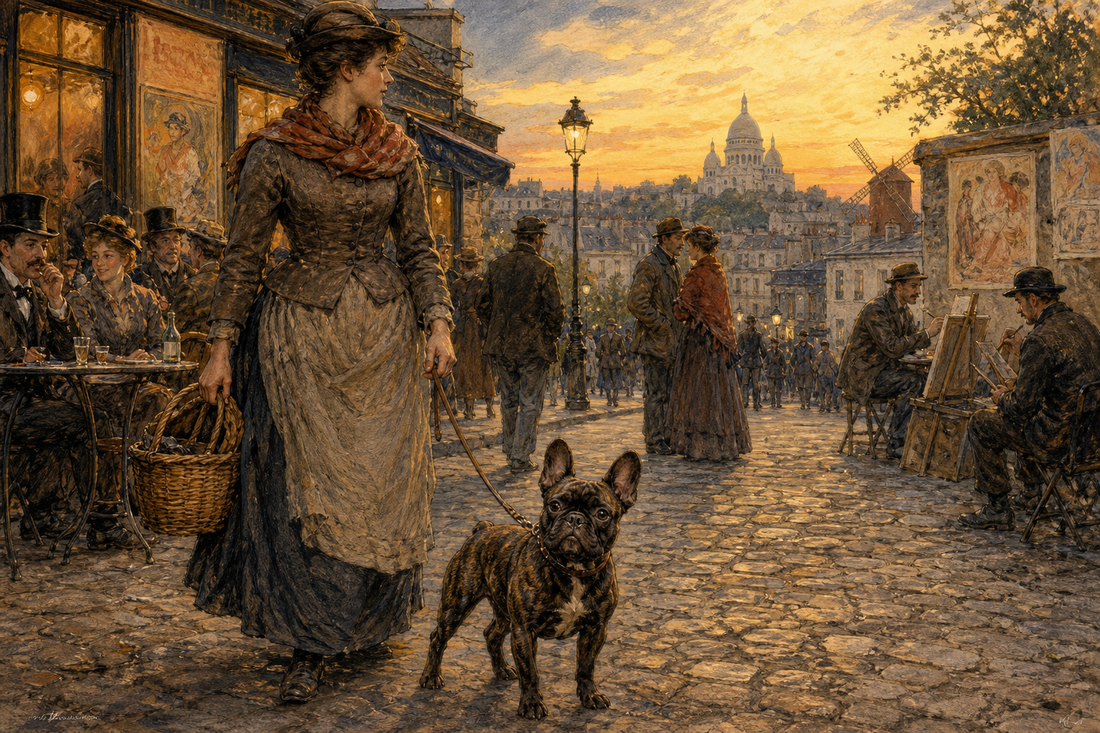 Belle Époque Paris street scene with a brindle French Bulldog companion