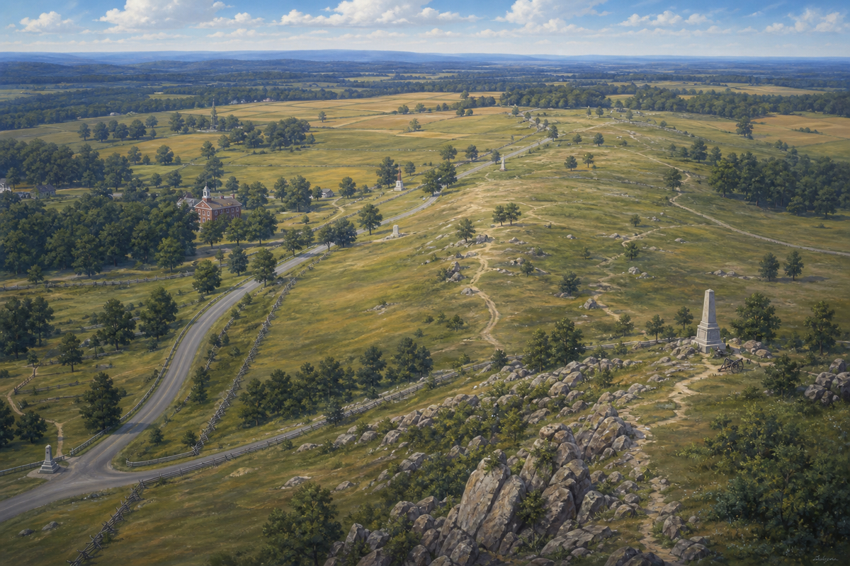Bird’s-eye educational landscape of Gettysburg ridges, fields, hills, and roads