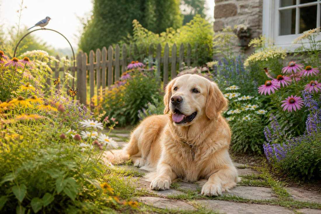 Golden Retriever resting among colorful pollinator-friendly cottage-garden flowers
