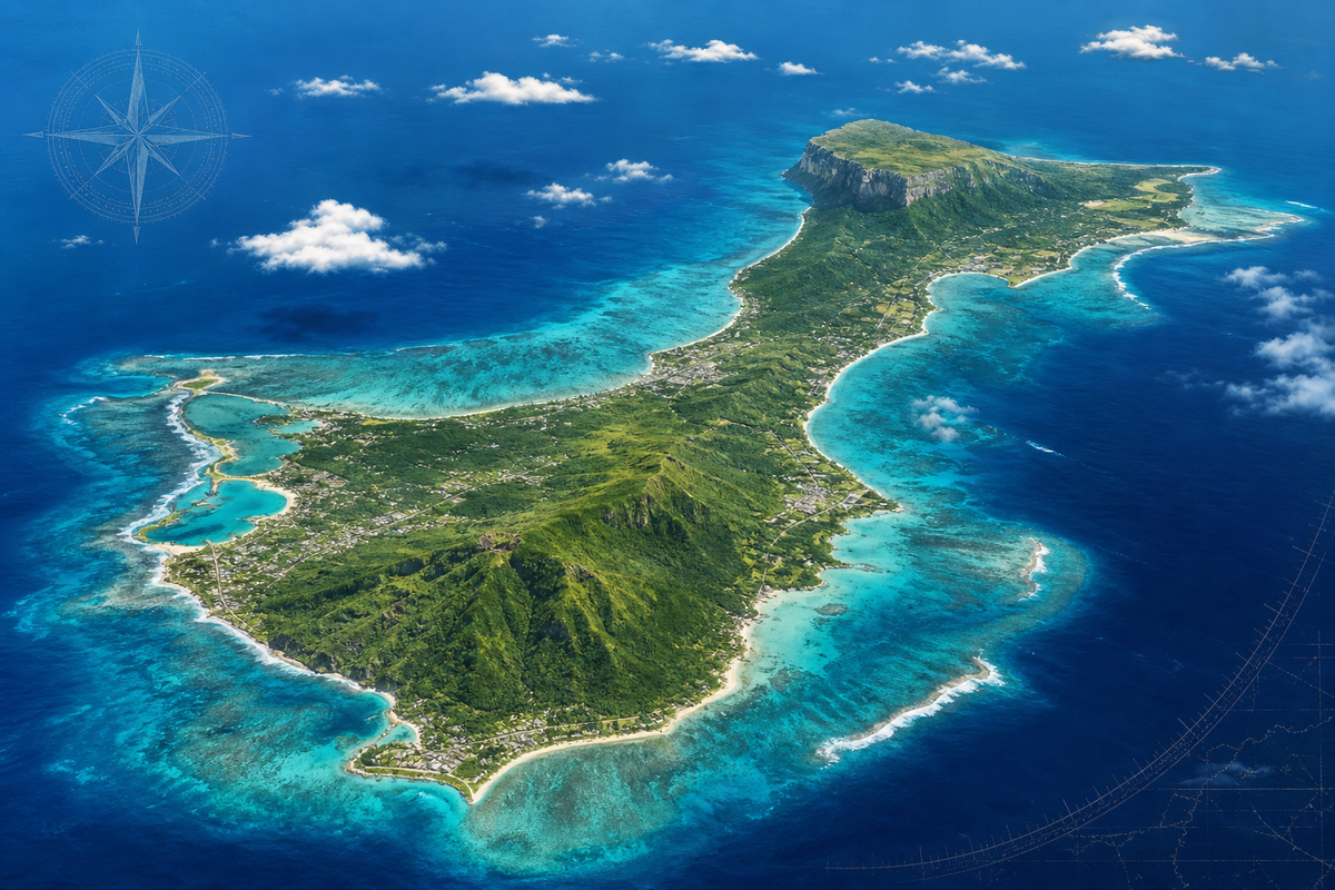 Aerial educational view of Guam’s coast, reefs, limestone plateau, and southern hills