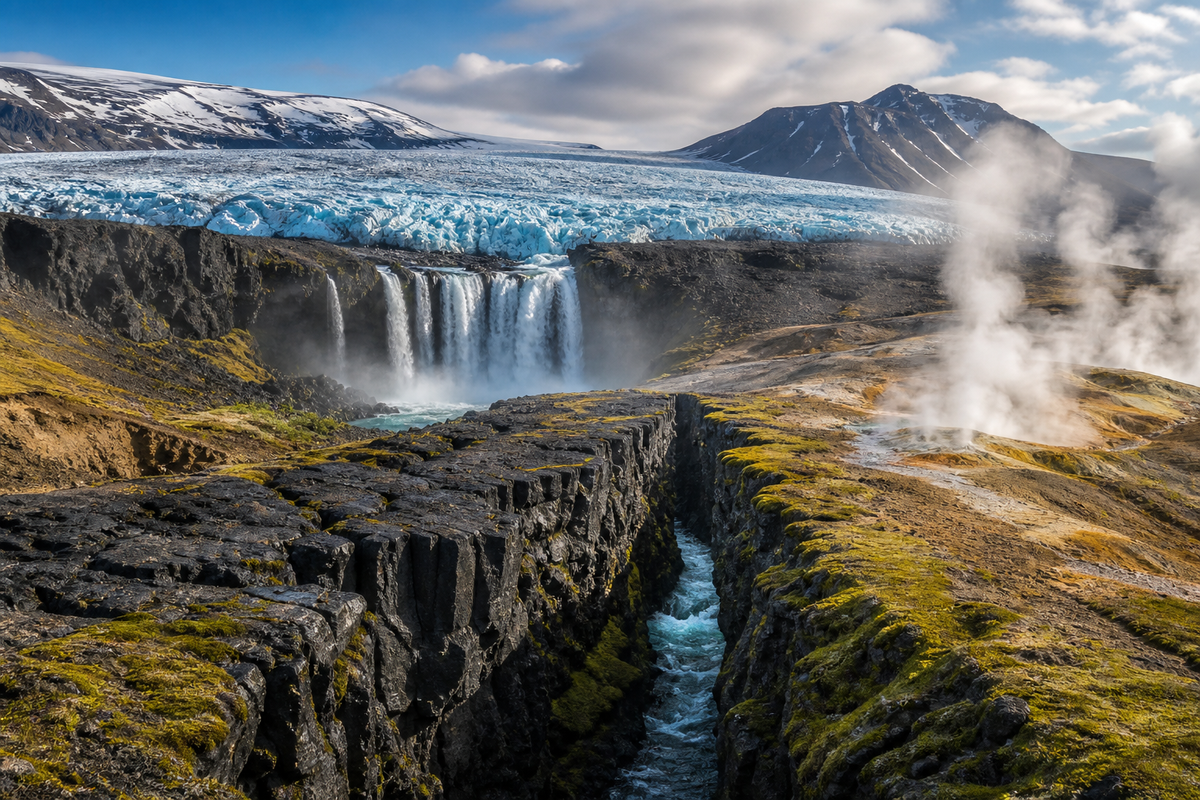 Icelandic volcanic rift, glacier, waterfall, and geothermal steam in one geologically grounded landscape