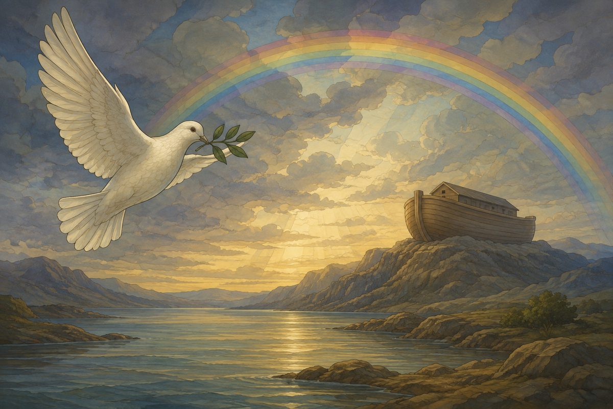 Editorial illustration of a dove carrying an olive leaf toward Noah's Ark beneath a rainbow after a storm