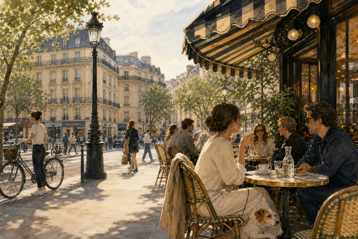 Watercolor view of people talking and watching the street from a sunlit Paris café terrace