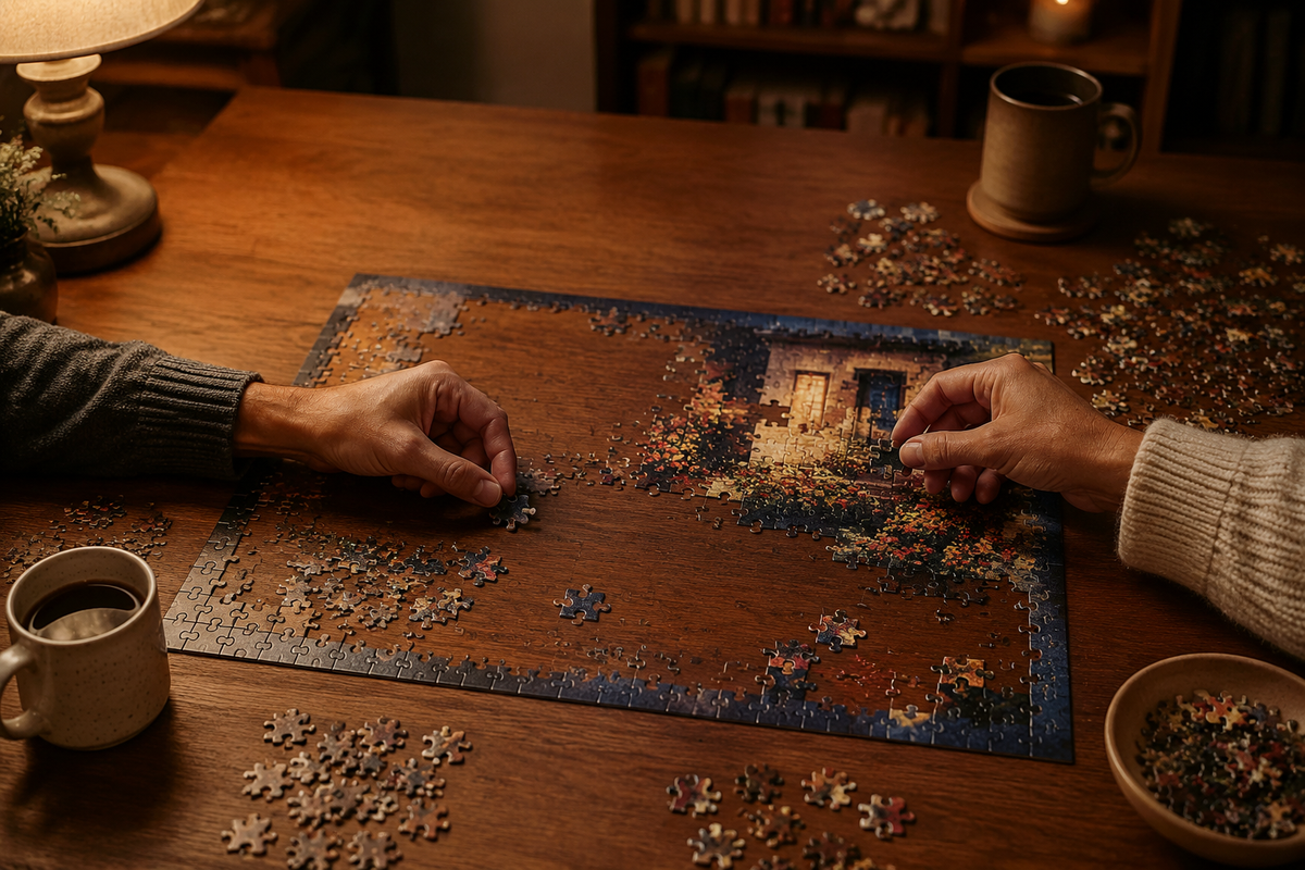 Two adults working together on a partially completed jigsaw puzzle at a warmly lit wooden table