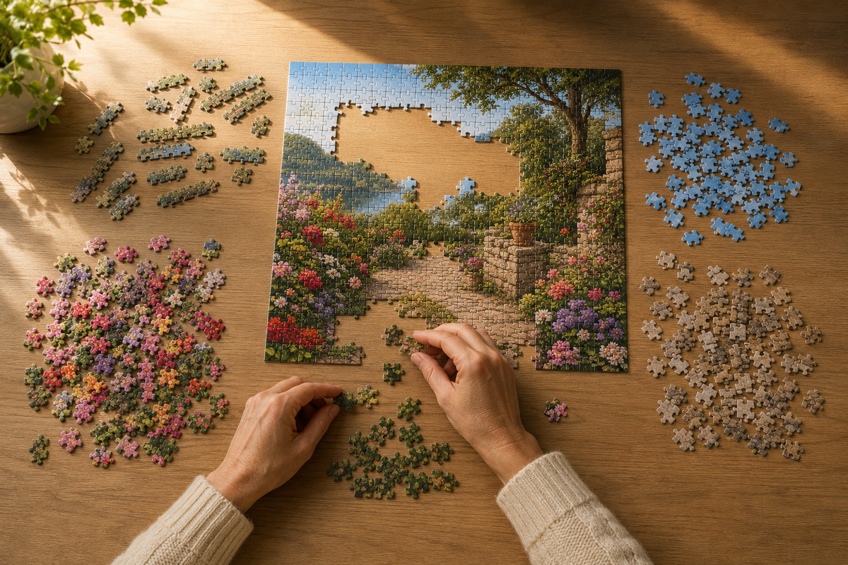 Adult sorting colorful jigsaw pieces around a partially completed garden puzzle on a wooden table