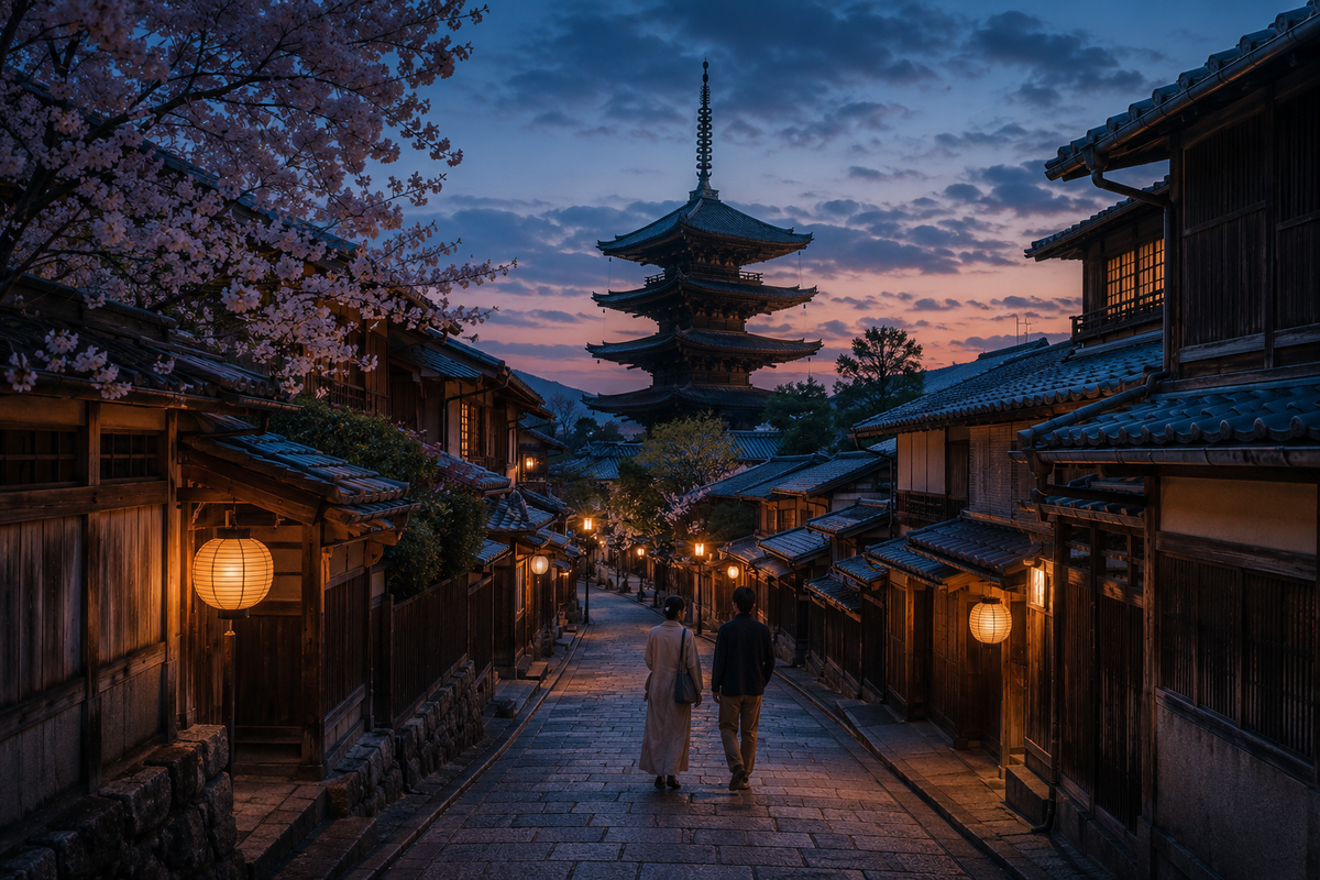Original editorial view of a traditional Kyoto street at dusk with wooden townhouses, lanterns, blossoms, and a distant pagoda