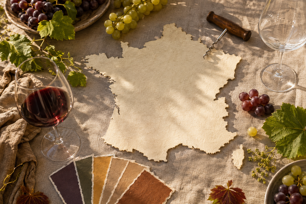 Editorial still life with an unlabeled paper outline of France, grapes, vine leaves, wine glasses, and cartography colors