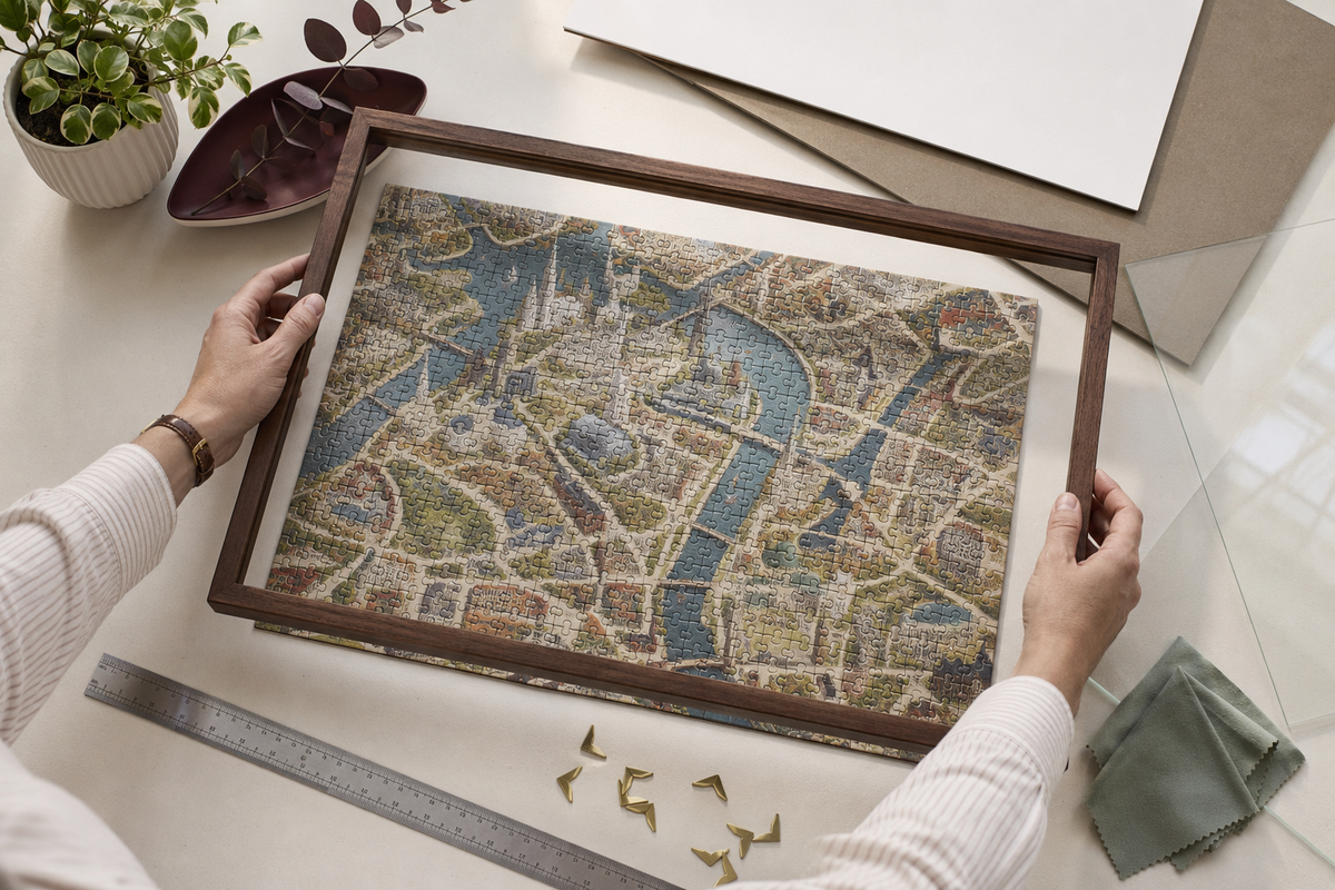 Adult hands positioning a completed city-map jigsaw puzzle inside a walnut frame on a clean worktable