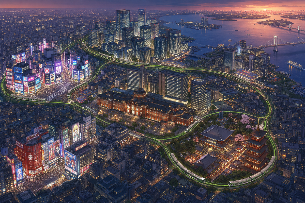 Conceptual aerial illustration of several Tokyo districts connected by a looping green railway at dusk