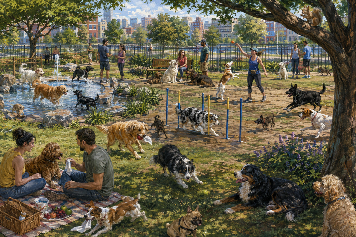 Original detailed illustration of dogs and owners creating many small stories across a lively city dog park