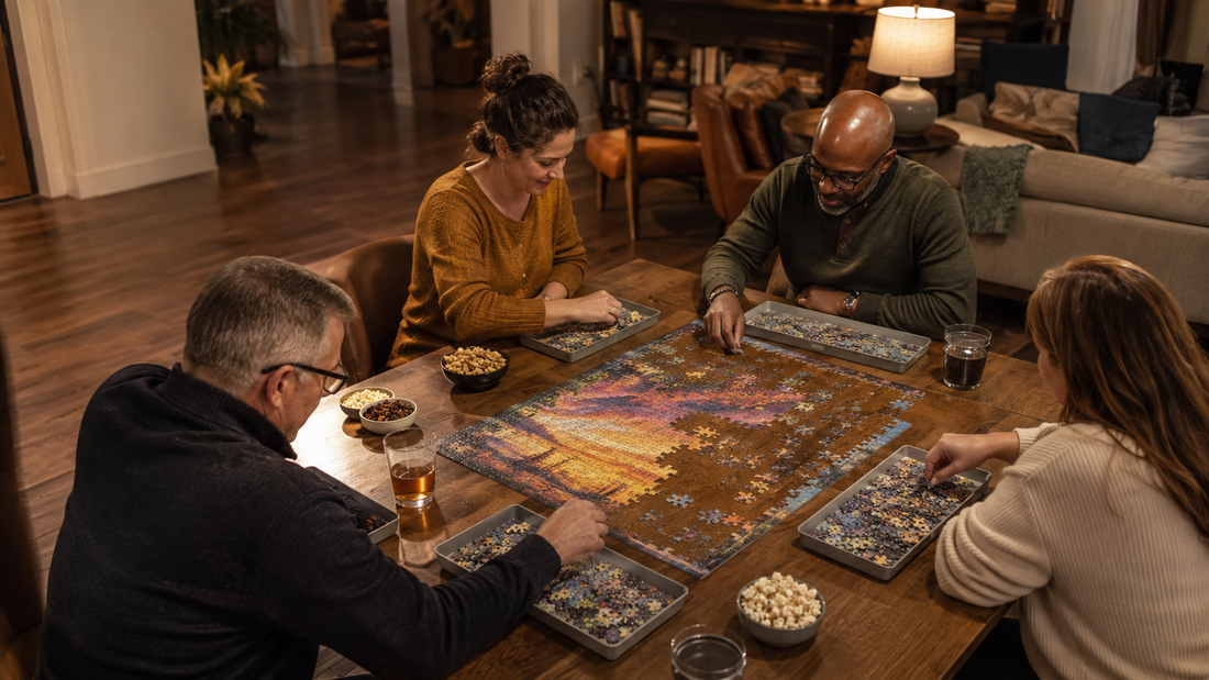 Four adults sorting and assembling a colorful jigsaw puzzle together around a warmly lit dining table