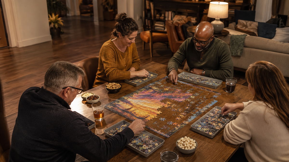 Four adults sorting and assembling a colorful jigsaw puzzle together around a warmly lit dining table