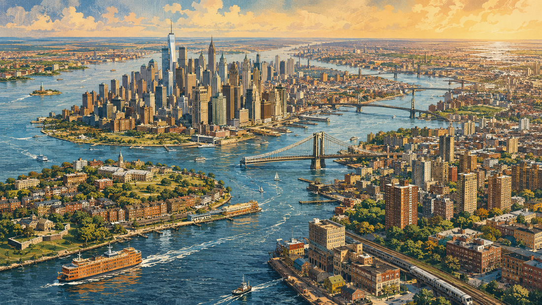 Illustrated aerial view of New York Harbor with Manhattan, bridges, ferries, and surrounding waterfront neighborhoods