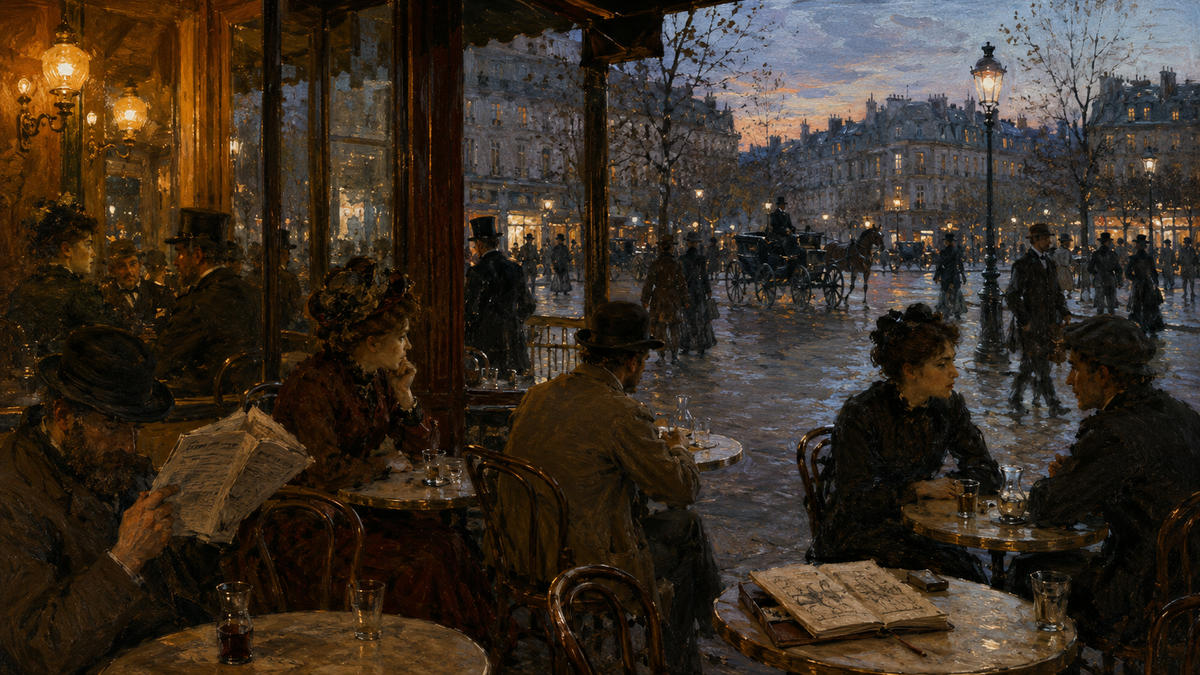 Original painterly illustration of a late-nineteenth-century Paris café opening onto a boulevard at dusk