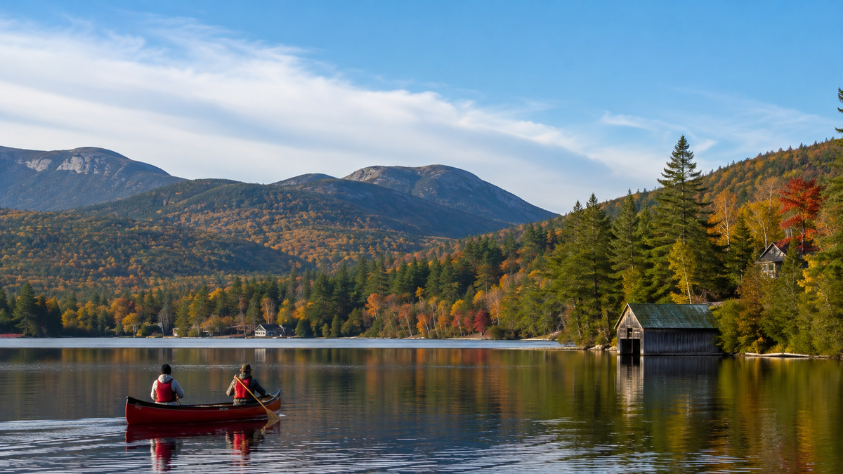 Two adults paddling a red canoe across a calm Adirondack lake beneath forested mountains in early autumn