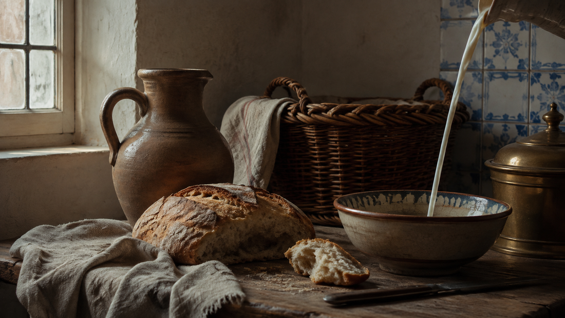 Original still life of bread, pottery, wicker, linen, and milk being poured in a seventeenth-century Dutch kitchen setting