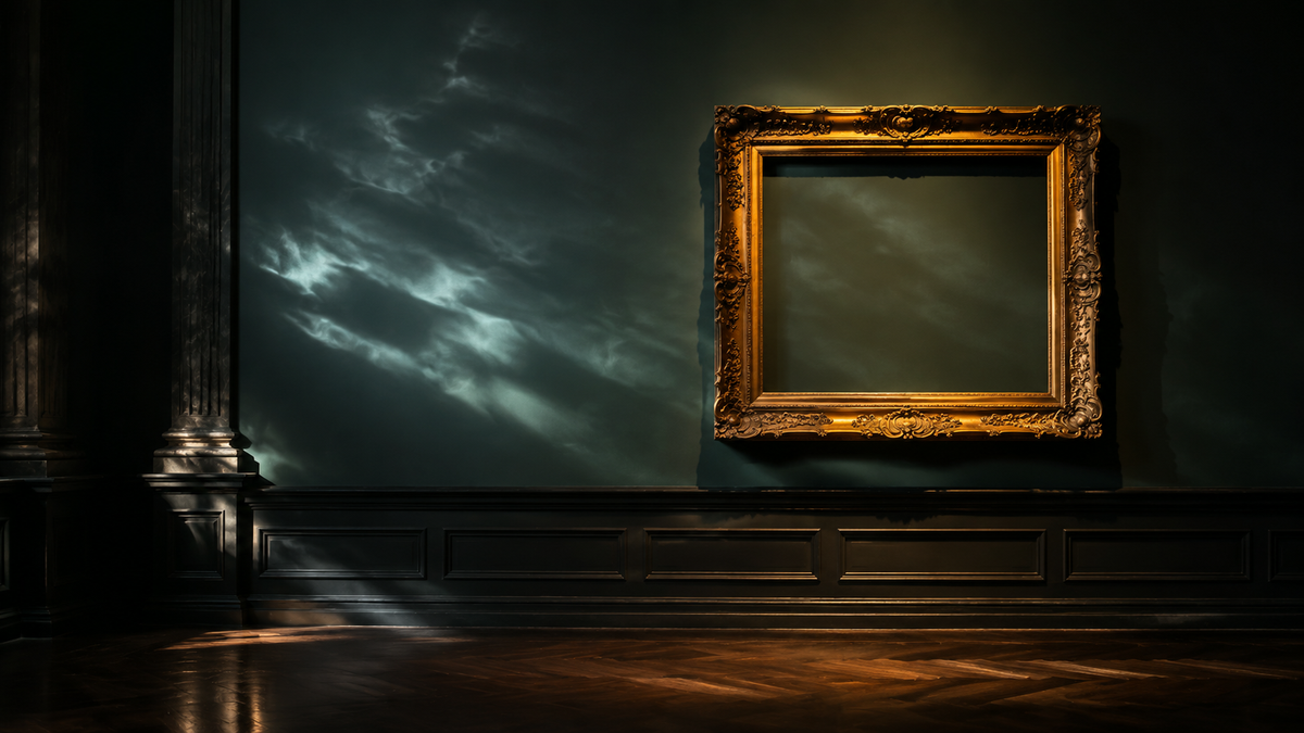 Empty ornate gold frame in a dark museum gallery crossed by storm-blue reflections