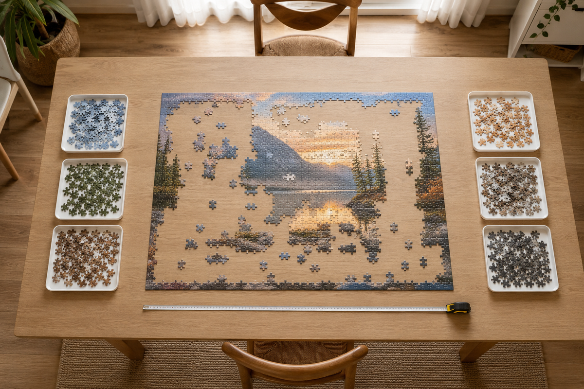 Overhead view of a large jigsaw puzzle on a wooden table with sorted pieces arranged in trays