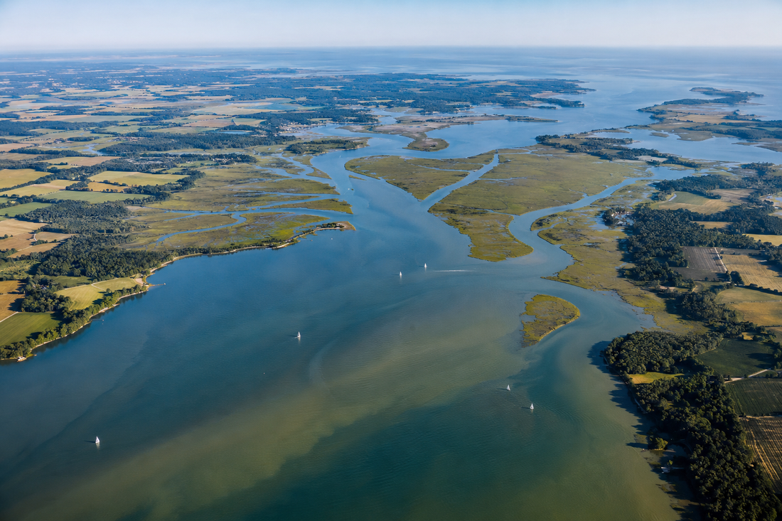 Aerial view of branching rivers, tidal wetlands, and open water meeting in a broad estuary