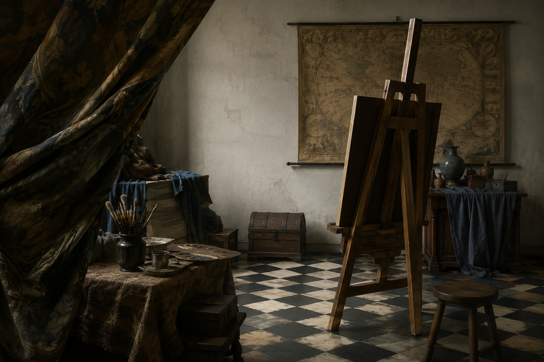 Historically inspired seventeenth-century Dutch painter’s studio with an easel, tiled floor, curtain, brushes, and wall map