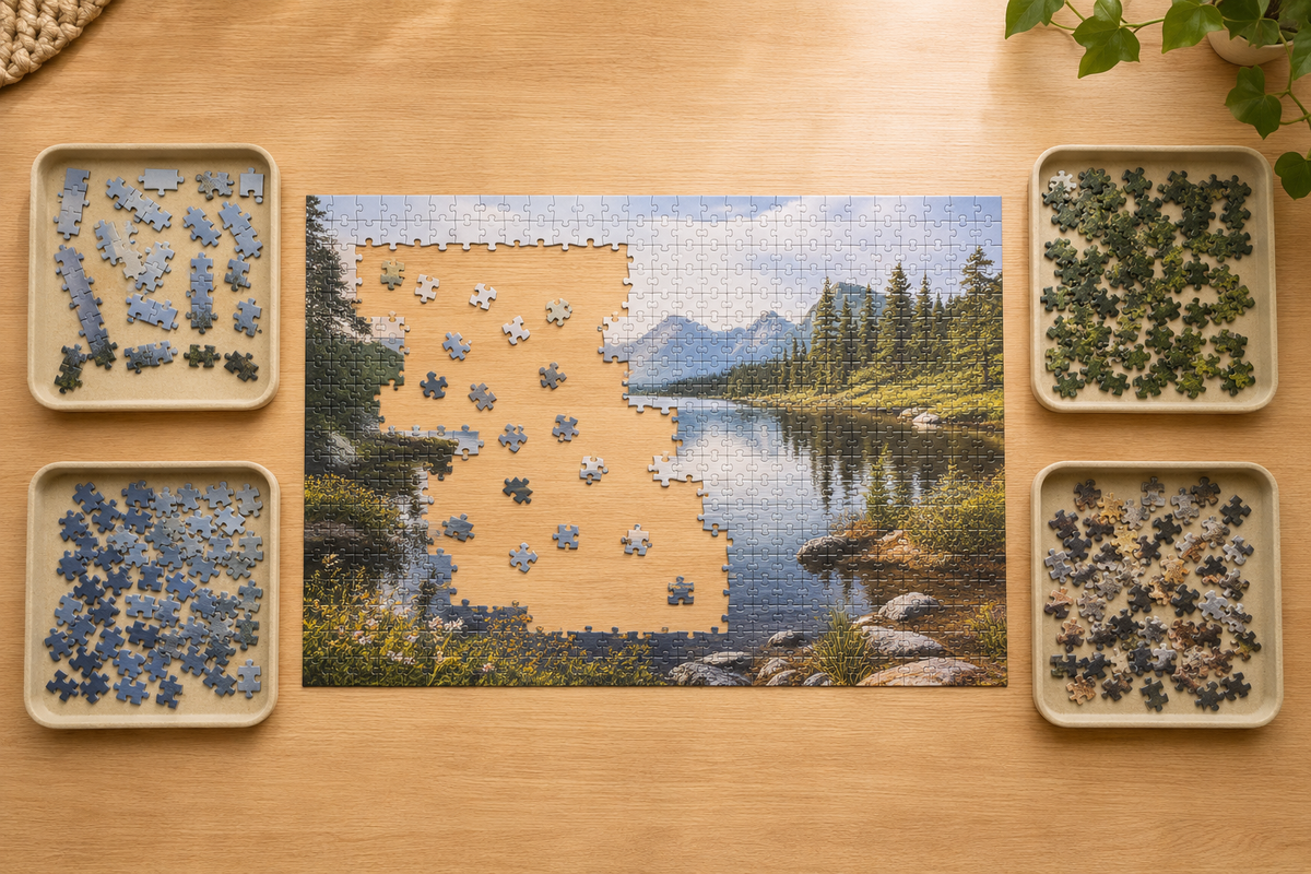 Partially assembled landscape puzzle surrounded by four trays of pieces sorted by color and visual clues