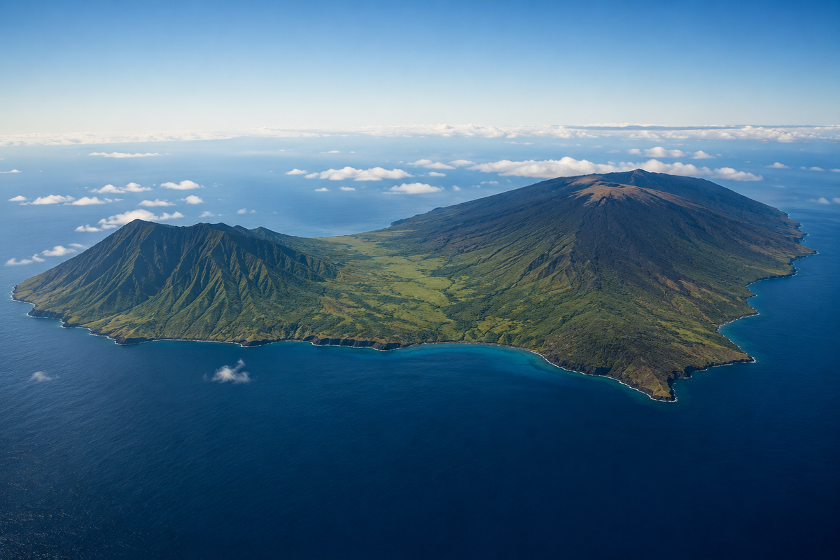 Aerial illustration of two volcanic mountain masses connected by a broad green isthmus in the Pacific