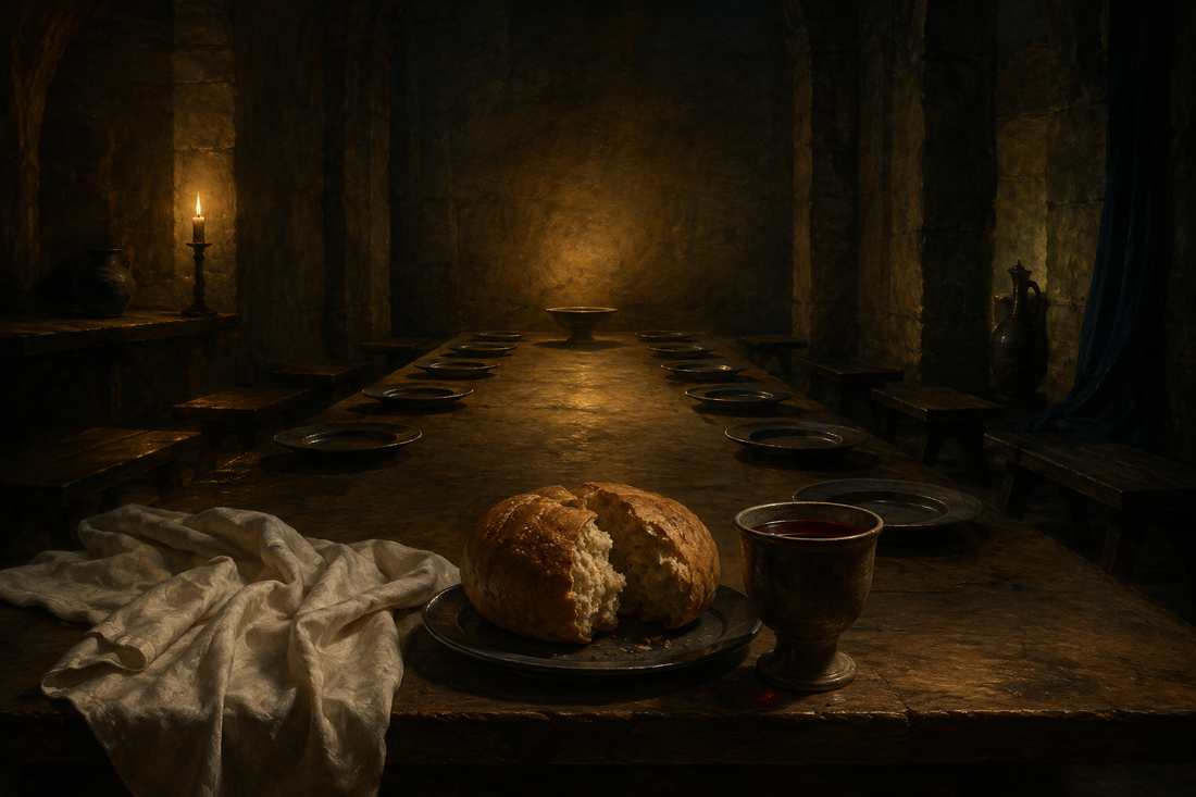 Bread, a cup, white linen, and empty places on a candlelit table evoking the Last Supper