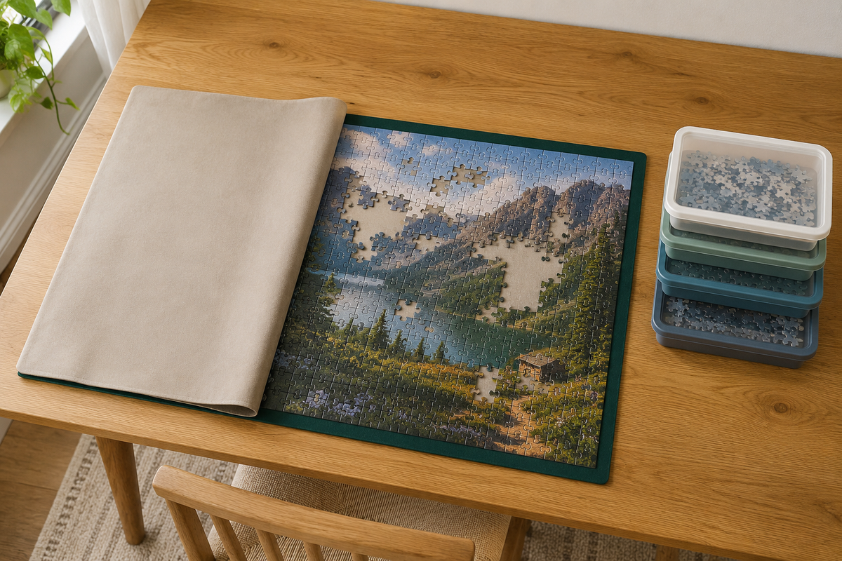 Partially assembled jigsaw puzzle on a rigid board with a protective cover and stacked sorting trays