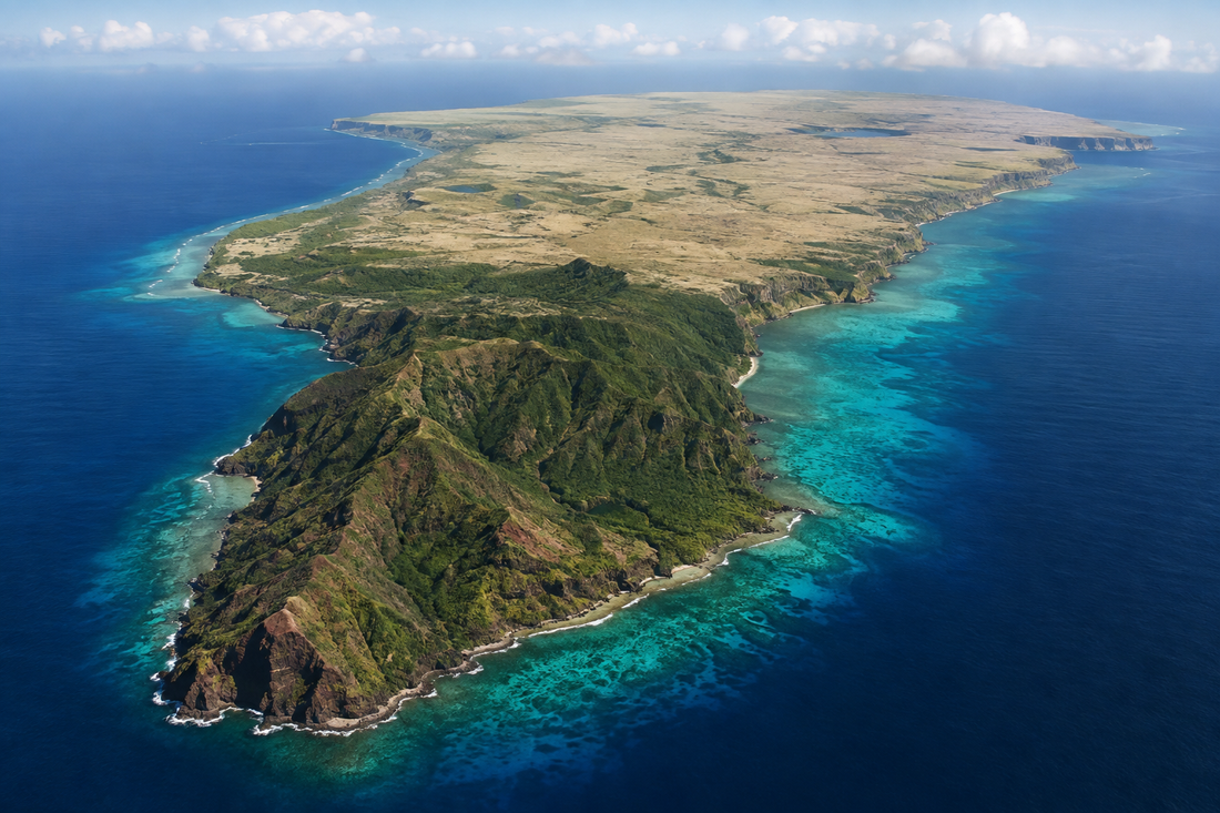 Aerial illustration contrasting rugged volcanic hills with a broad limestone plateau on a tropical Pacific island