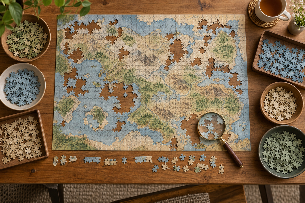 Challenging map-style jigsaw puzzle with similar colors, small details, and pieces sorted into trays