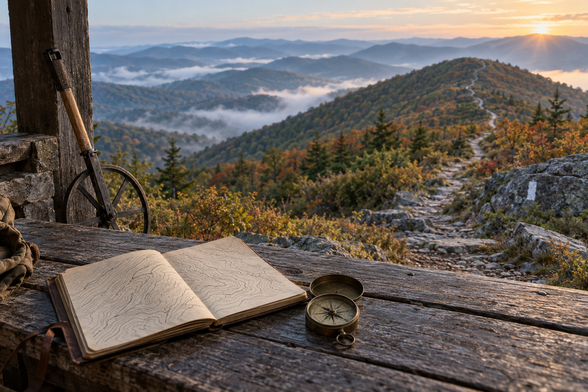 Appalachian mountain footpath beside a field notebook, compass, and measuring wheel at sunrise
