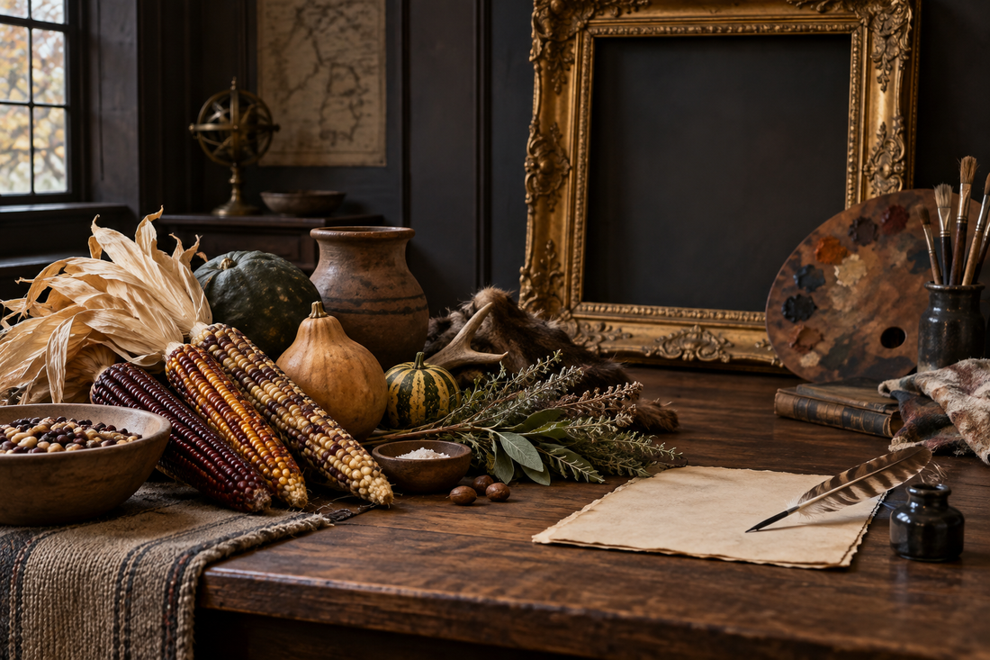 Harvest foods and a blank 1621-style letter beside an empty gilt frame and painter’s palette