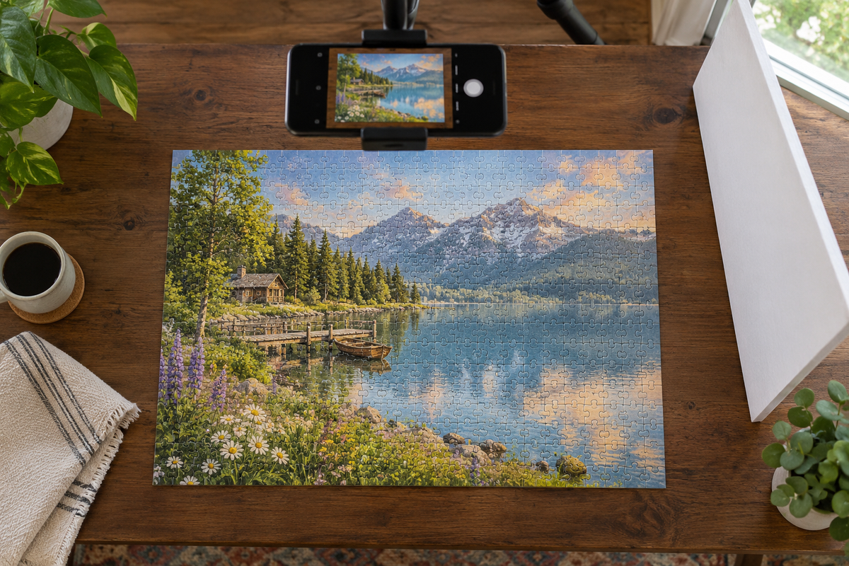 Smartphone positioned above a completed jigsaw puzzle beside a white reflector in soft window light