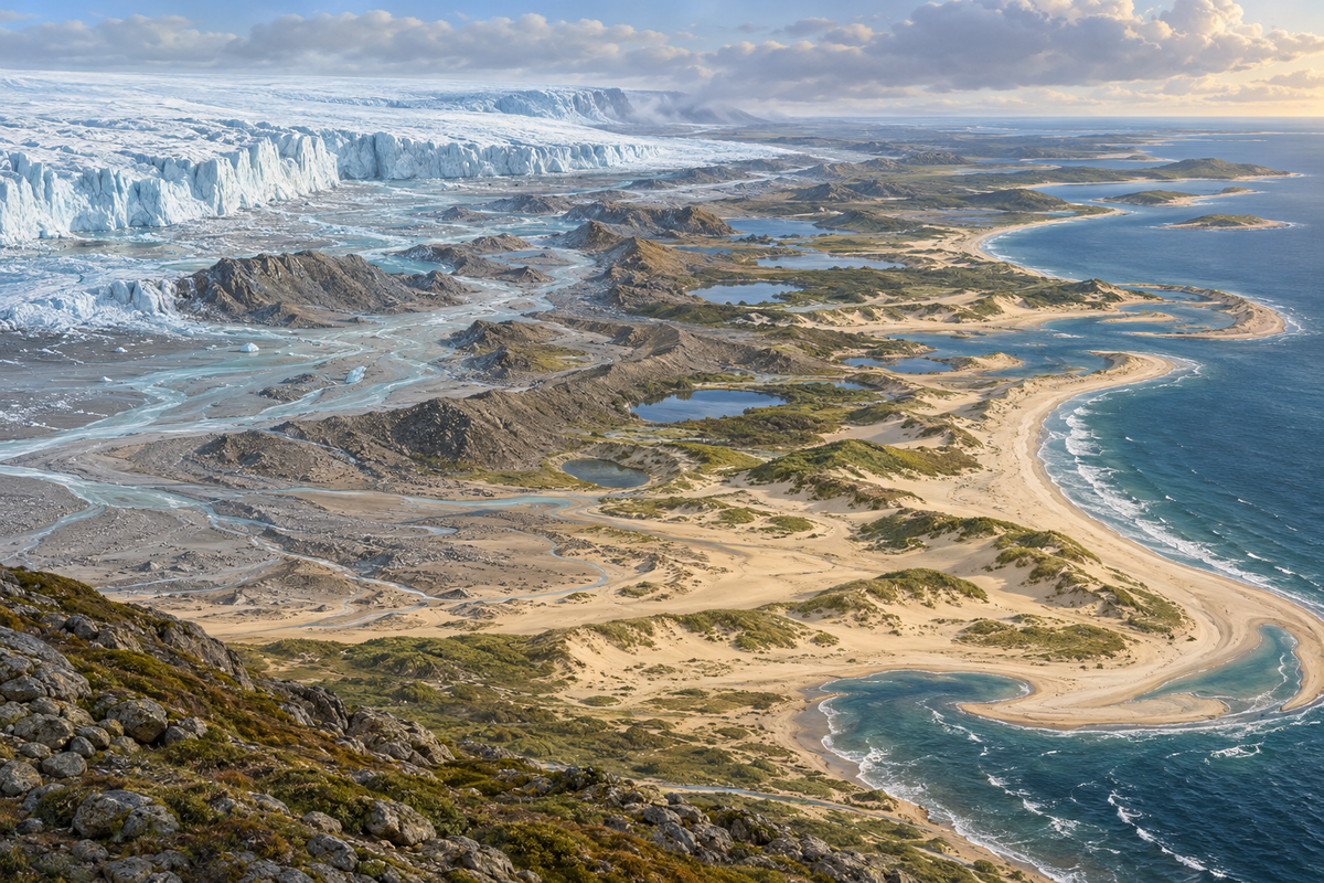 Editorial reconstruction of a retreating ice sheet leaving sandy moraines, meltwater plains, kettle ponds, dunes, and coastline