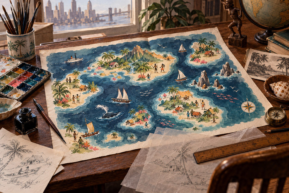 Original editorial illustration of a 1930s drafting desk with a fictional tropical pictorial map and watercolor tools