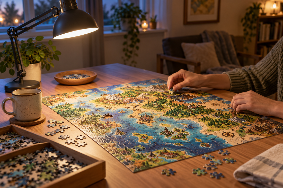 Adult assembling a colorful map puzzle beneath an adjustable desk lamp with soft, even light